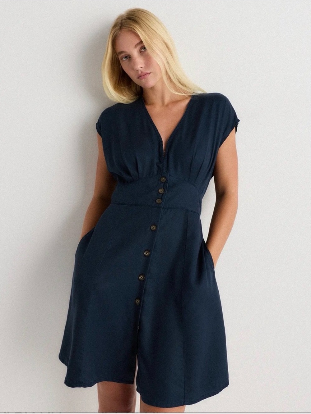 Quince Navy V-Neck Button-Front tencel Mini Dress sold out S